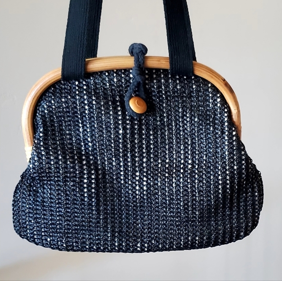 Vintage 1950's Black Woven Rafia Overlay Bamboo Frame Shoulder Bag, EUC - Picture 10 of 15